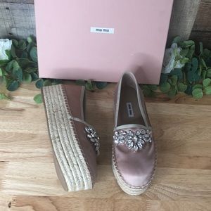 Miu Miu  Raso 3 Flatforms Embellished Espadrilles Pink 39